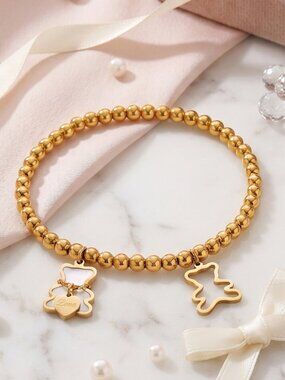 18K Gold Plated Stainless Steel Love Bear Charm Coquette Beaded Stretch Bracelet